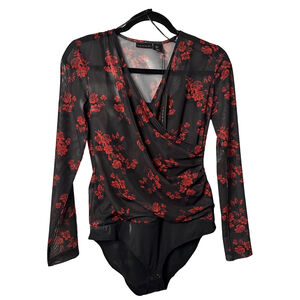 Women's Tahari Black Red Floral Mesh Long Sleeve Bodysuit S